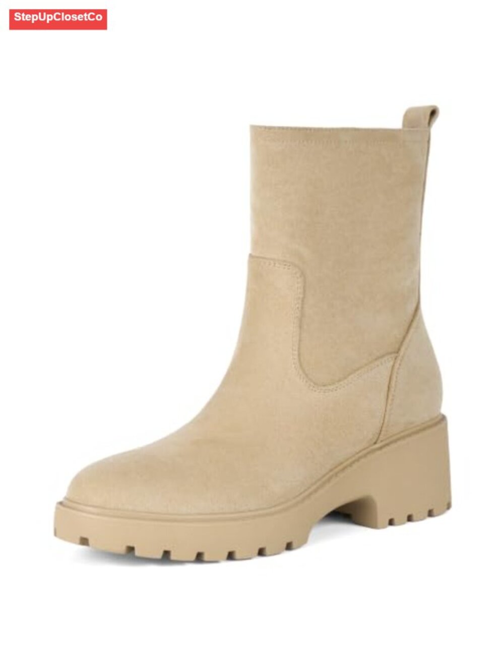 Faux Suede Ankle Boots Round Toe Chunky Block Heel Lug Sole Side Zip Booties